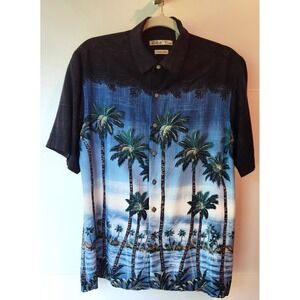 Batik Bay Men's Hawaiian Shirt Medium Palm Trees Black Blue-Resort Vacation EUC!